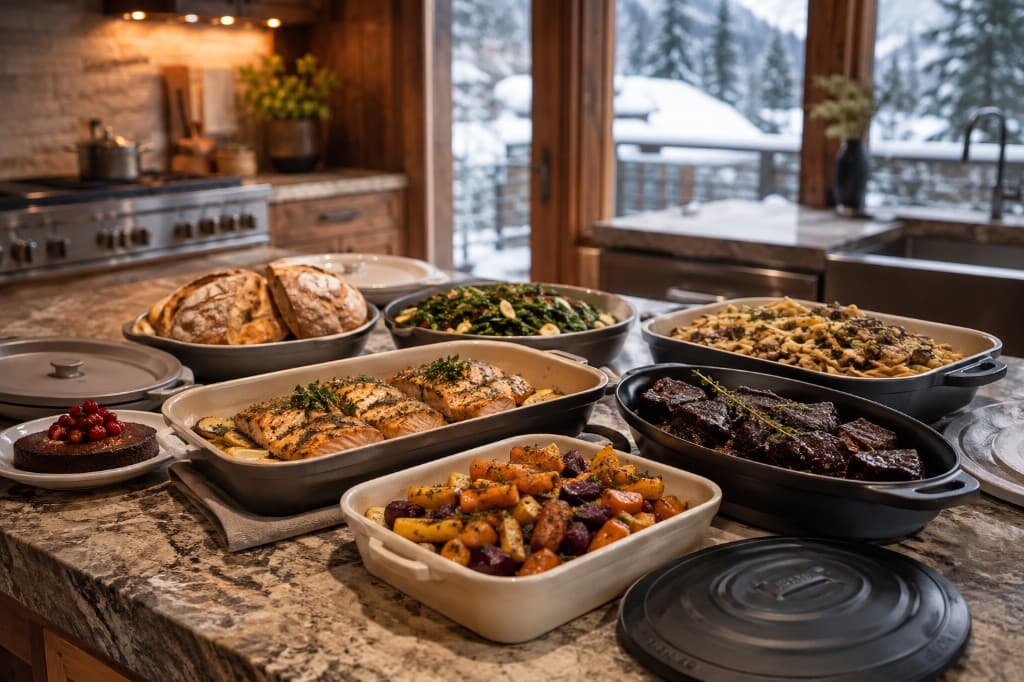 Catered meal spread in a luxury vacation home kitchen