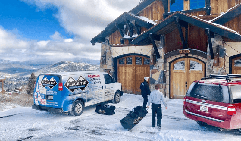 Ski and snowboard rental equipment prepared for guests